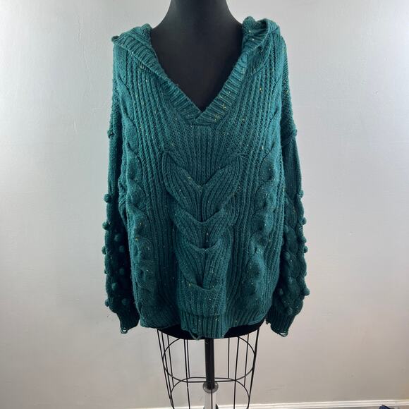 WILDFOX Pattie Green Sweater Chunky Knit V-Neck Hood Raglan Sleeve Size Large L - Picture 2 of 10